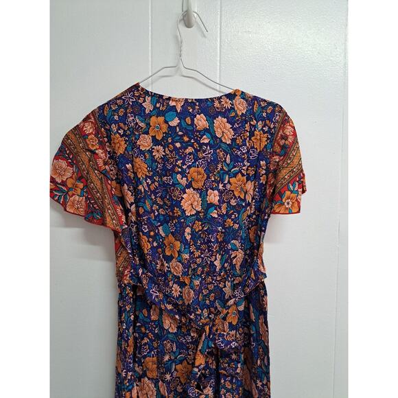 Womens Bohemia Side Split V Neck Ruffles Short Sleeves Maxi Dress with Belt Sz M - Picture 16 of 16